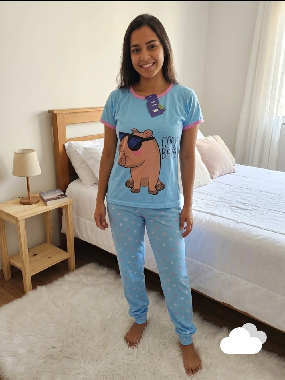 Light Blue Capybara Kids Pajama Set with Pink Trim